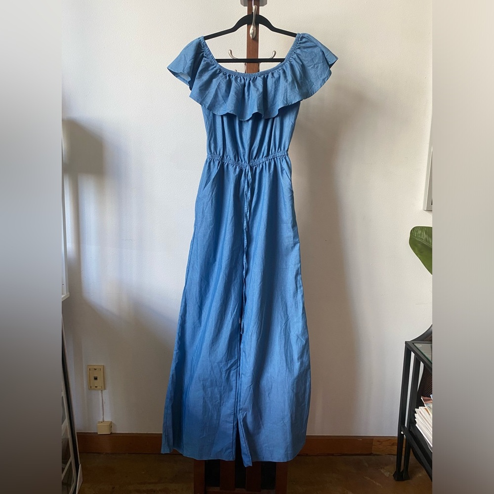 Blue Off the Shoulder, Romper size medium with wide pants leg